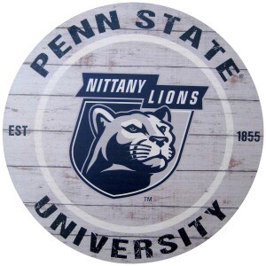 round sign Penn State University with Nittany Lions, lion in shield, Est. 1855
